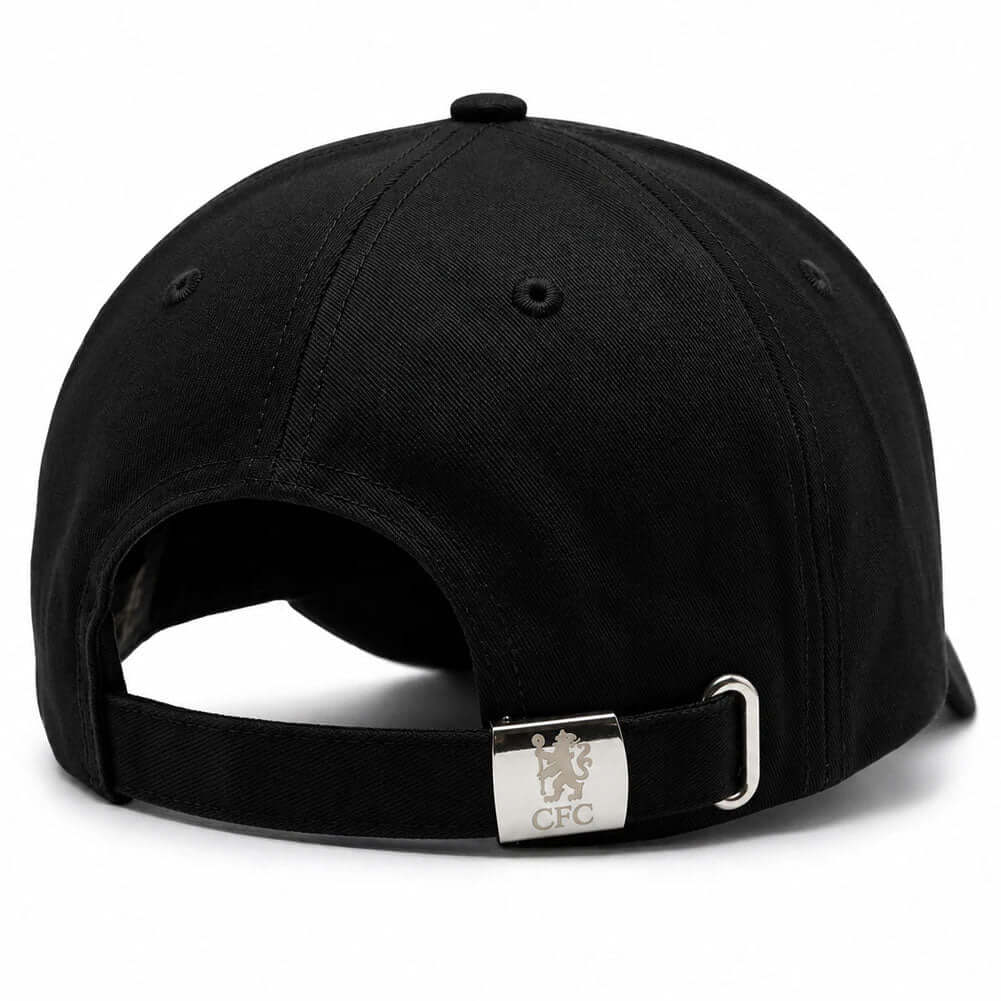Chelsea FC Black Cap LKT Sport Midnight black classic design curved brim capFeatures an embroidered Chelsea Lion crestWith a metal buckle size adjuster 55-61cmOfficial licensed productAdults, to fit approx 58cm Caps