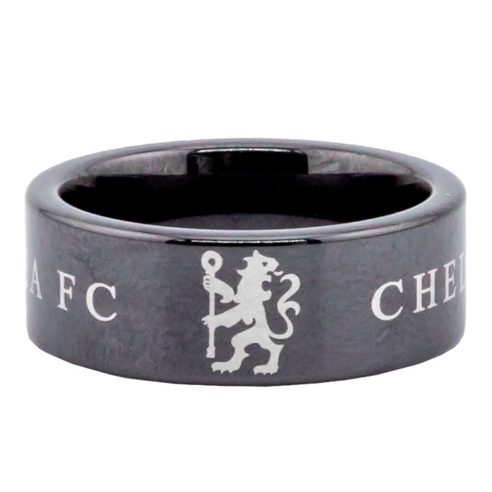 Chelsea FC Black Ceramic Ring Large LKT Sport Black ceramic ring featuring the Chelsea FC Lion and textBrushed satin finish Chelsea FC textOfficial licensed productInternal diameter approx 21mmRing size X Rings