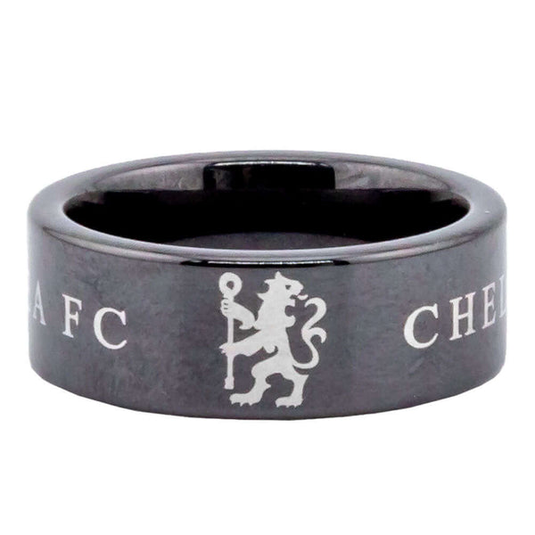 Chelsea FC Black Ceramic Ring Large LKT Sport Black ceramic ring featuring the Chelsea FC Lion and textBrushed satin finish Chelsea FC textOfficial licensed productInternal diameter approx 21mmRing size X Rings