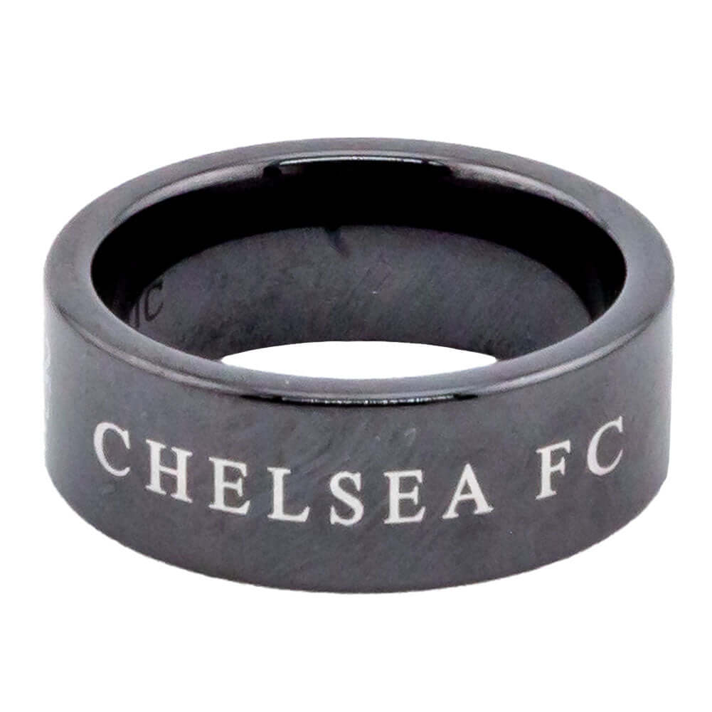 Chelsea FC Black Ceramic Ring Large LKT Sport Black ceramic ring featuring the Chelsea FC Lion and textBrushed satin finish Chelsea FC textOfficial licensed productInternal diameter approx 21mmRing size X Rings