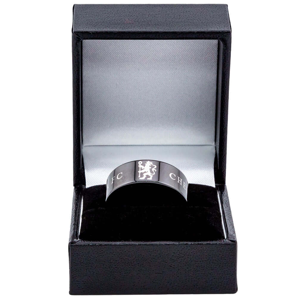 Chelsea FC Black Ceramic Ring Large LKT Sport Black ceramic ring featuring the Chelsea FC Lion and textBrushed satin finish Chelsea FC textOfficial licensed productInternal diameter approx 21mmRing size X Rings