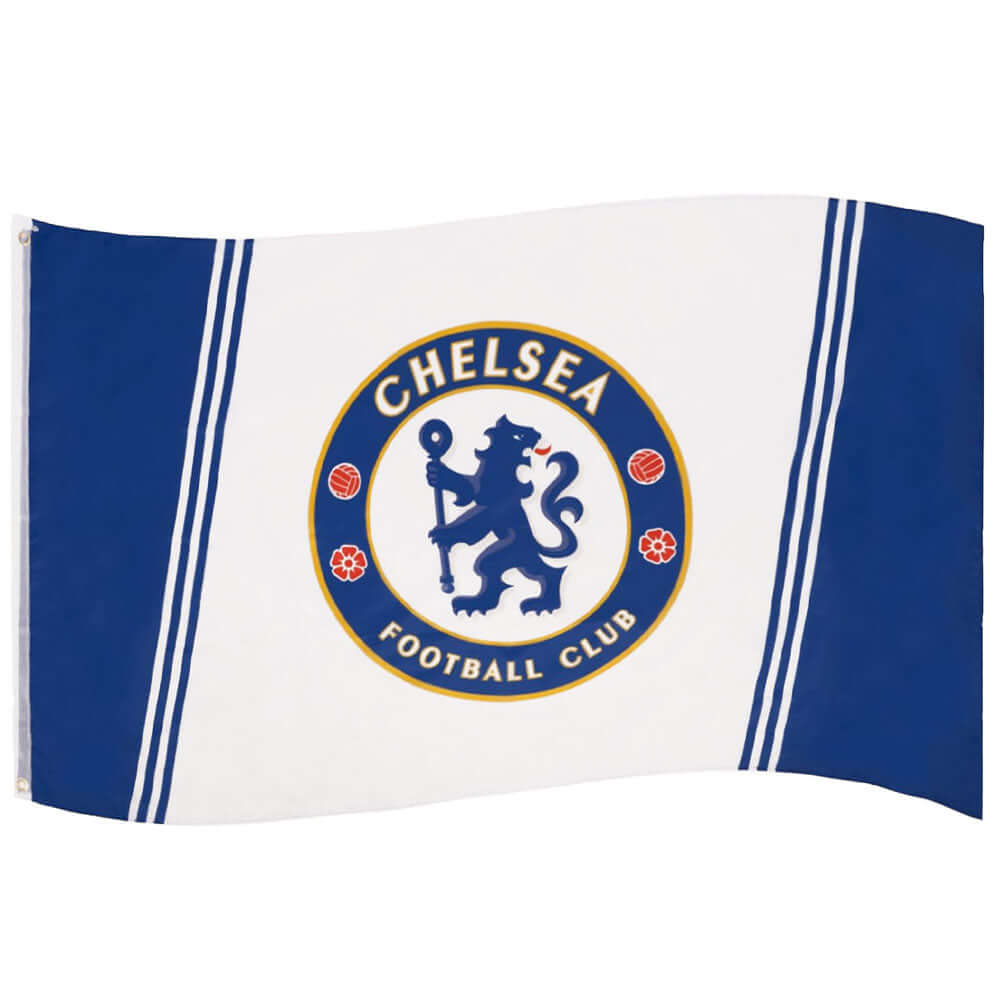 Chelsea FC Blue & White Flag LKT Sport Large 100% polyester supporters flagBlue and white slash stripe design featuring a full colour Chelsea crestPerfect for any wall with ready to hang metal eyeletsOfficial licensed productApprox 152cm x 91cm (5ft x 3ft