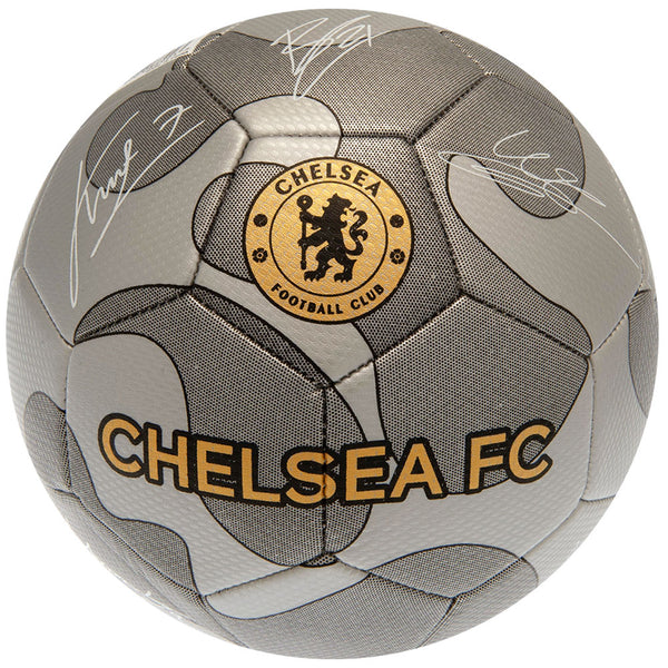 Chelsea FC Camo Sig Football LKT Sport High spec metallic finish 32 panel synthetic footballStriking silver colour featuring the Chelsea crest and official player signature prints in whiteSuitable for 14 yrs and olderOfficial licensed productSize 5 footba