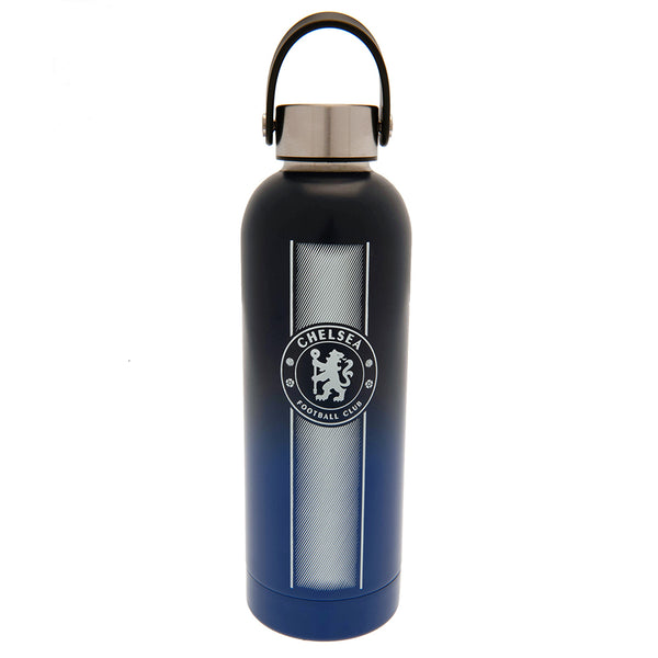 Chelsea FC Chunky Thermal Bottle LKT Sport Modern, sleek design stainless steel thermal vacuum flaskMaintains the temperature of your drink for up to 24hrsWith a silver screw top lid and carry handleBlue bottle with a white Chelsea crest and textOfficial