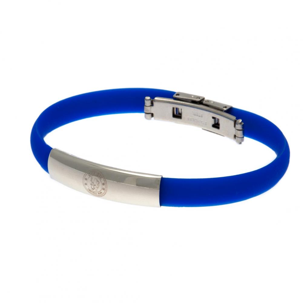 Chelsea FC Colour Silicone Bracelet LKT Sport Royal blue flexi silicone bracelet Featuring a club crest engraved plate Stainless steel deployment clasp Official licensed product Approx 20cm x 1cm In a blister pack Bracelets