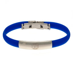 Chelsea FC Colour Silicone Bracelet LKT Sport Royal blue flexi silicone bracelet Featuring a club crest engraved plate Stainless steel deployment clasp Official licensed product Approx 20cm x 1cm In a blister pack Bracelets