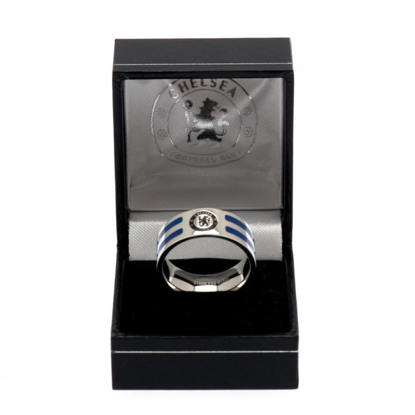 Chelsea FC Colour Stripe Ring Small LKT Sport Stainless steel ring featuring blue colour inserts Chrome finish and engraved with the Chelsea crest Official licensed product Internal diameter approx 19mm Ring size R Presented in a gift box Rings