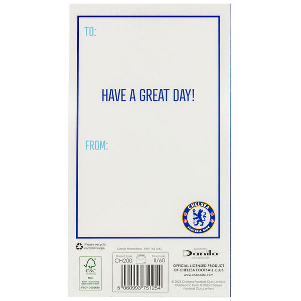 Chelsea FC Crest Birthday Card LKT Sport Colourful gloss finish fold out birthday cardFeaturing a full colour Chelsea crest with 'Happy Birthday' across the topGraphic inside includes the Chelsea crestMessage on the reverse reads 'Have a great day!'Offici