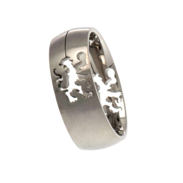Chelsea FC Cut Out Ring Small LKT Sport Stainless steel cut out style ringBrushed satin finish featuring the Chelsea lionOfficial licensed productInternal diameter approx 19mmRing size R Rings