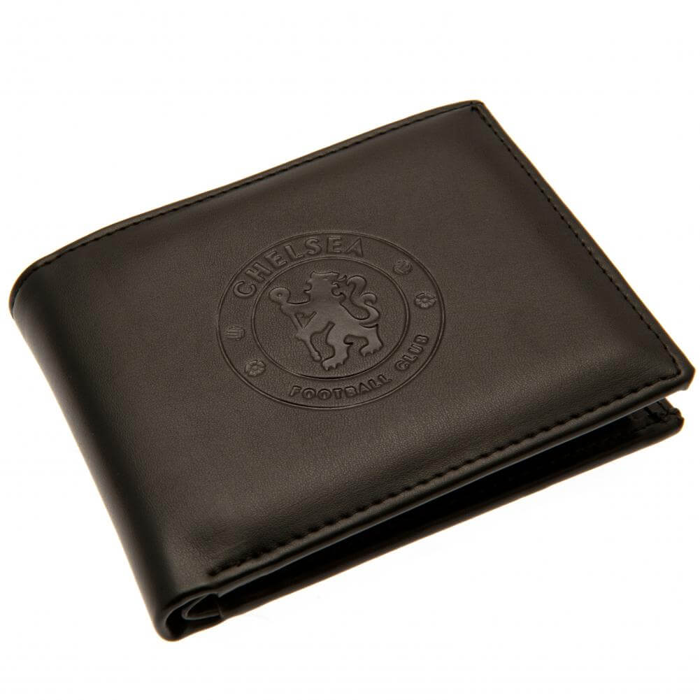 Chelsea FC Debossed Wallet LKT Sport Black PU wallet featuring a large debossed club crest3 card slots and 2 note pocketsChange pocket with secure stud fastener1 additional compartmentOfficial licensed productApprox 11cm x 9cm Wallets