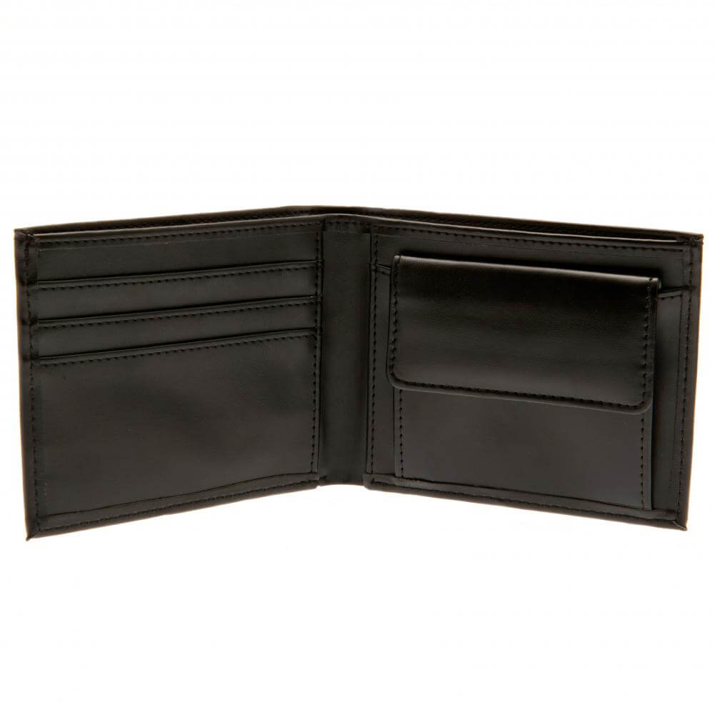 Chelsea FC Debossed Wallet LKT Sport Black PU wallet featuring a large debossed club crest3 card slots and 2 note pocketsChange pocket with secure stud fastener1 additional compartmentOfficial licensed productApprox 11cm x 9cm Wallets