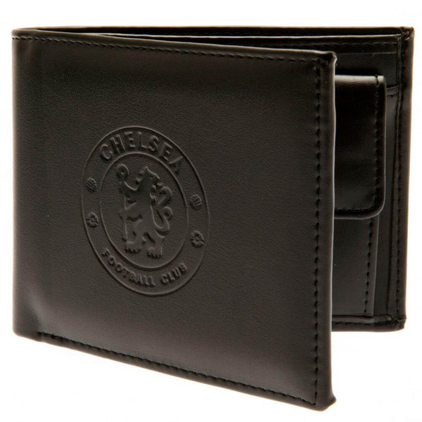 Chelsea FC Debossed Wallet LKT Sport Black PU wallet featuring a large debossed club crest3 card slots and 2 note pocketsChange pocket with secure stud fastener1 additional compartmentOfficial licensed productApprox 11cm x 9cm Wallets