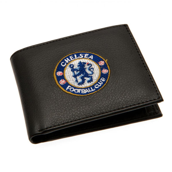 Chelsea FC Embroidered Wallet LKT Sport Black PU wallet featuring a large embroidered club crest 3 card slots, a window slot and 2 note pockets Change pocket with secure stud fastener 2 additional compartments Official licensed product Approx 11cm x 9cm O