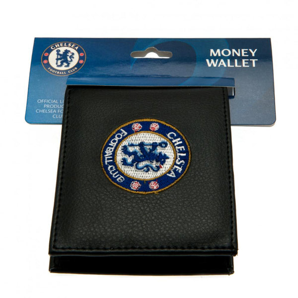 Chelsea FC Embroidered Wallet LKT Sport Black PU wallet featuring a large embroidered club crest 3 card slots, a window slot and 2 note pockets Change pocket with secure stud fastener 2 additional compartments Official licensed product Approx 11cm x 9cm O