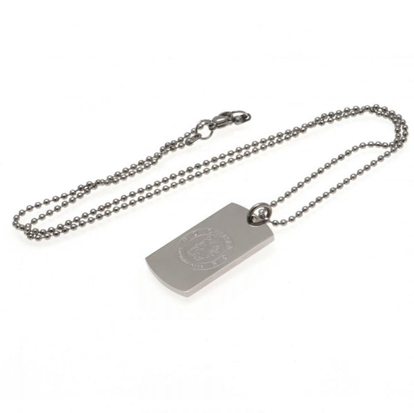 Chelsea FC Engraved Dog Tag & Chain LKT Sport Classic design stainless steel dog tag and ball chain Chrome finish and engraved with the Chelsea crest Official licensed product Chain approx 53cm (21in) Dog tag approx 35mm x 20mm Presented in a gift box Nec