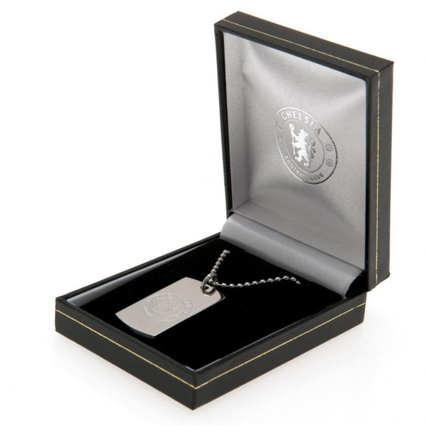 Chelsea FC Engraved Dog Tag & Chain LKT Sport Classic design stainless steel dog tag and ball chain Chrome finish and engraved with the Chelsea crest Official licensed product Chain approx 53cm (21in) Dog tag approx 35mm x 20mm Presented in a gift box Nec