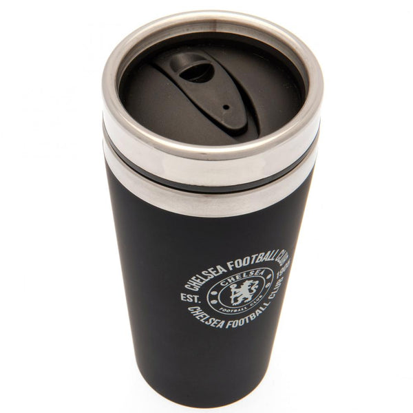 Chelsea FC Executive Travel Mug LKT Sport Stainless steel double-walled thermal travel mug Maintains the temperature of your drink for longer Executive design finished with a matt black soft feel Silver rim screw top lid with slide close drinking hole Off