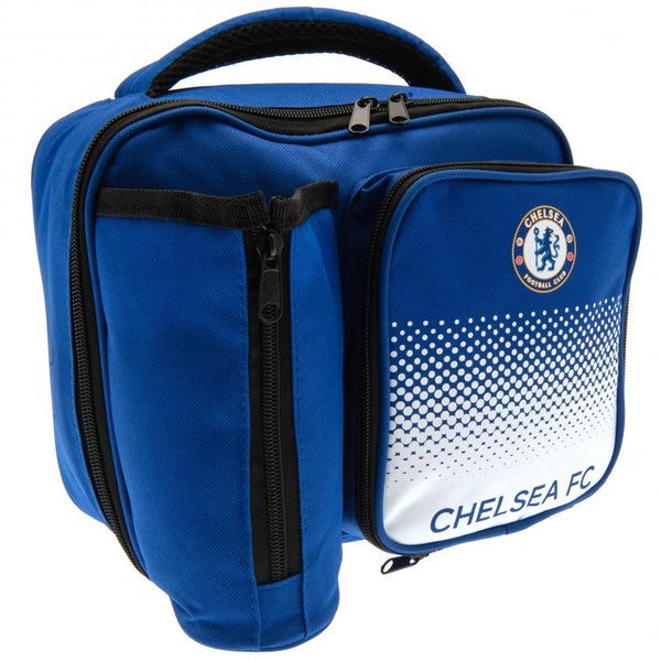 Chelsea FC Fade Lunch Bag LKT Sport Fade design lunch bag featuring Chelsea FC text and full colour club crest Main compartment has a double zipped opening for easy access Additional zipped front pocket and zipped bottle holder With carry handle Wipe clea