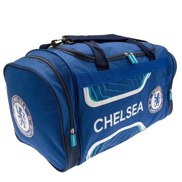 Chelsea FC Flash Holdall LKT Sport Flash design holdall featuring Chelsea text and a white crestLarge double zipped opening for easy access2 additional zipped end pockets featuring CFC crestCarry handles and adjustable shoulder strapRubber zip pulls featu