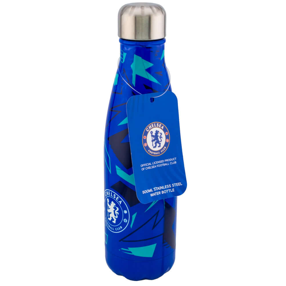 Chelsea FC Fragment Thermal Flask LKT Sport Stainless steel thermal vacuum flaskMaintains the temperature of your drink for up to 24hrsWith a screw top lidBlue bottle with a navy and mint green fragment pattern and Chelsea crestOfficial licensed productAp