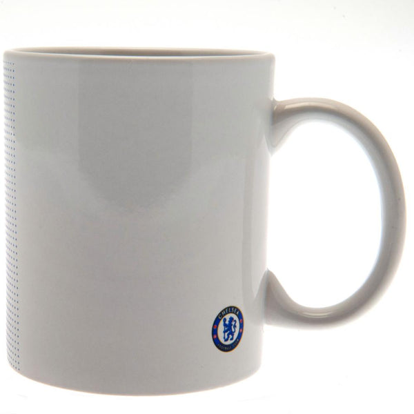 Chelsea FC Halftone Mug LKT Sport Ceramic everyday coffee mug Halftone design featuring a full colour Chelsea club crest Glazed kiln fired finish with white handle Official licensed product Approx 315ml (11oz) Approx 9cm tall, 8cm in diameter In a printed