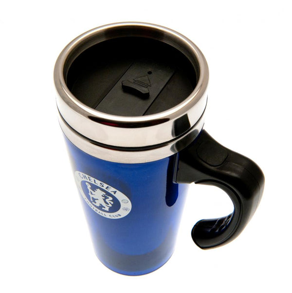 Chelsea FC Handled Travel Mug LKT Sport Stainless steel double-walled thermal travel mug Maintains the temperature of your drink for longer Royal blue translucent finish with a printed Chelsea crest Screw top lid with slide closing drinking hole Features