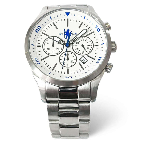 Chelsea FC High End Chronograph Bracelet Watch LKT Sport Classic mens white watch with a silver casing and a high end solid stainless steel bracelet strapFeaturing the a blue Chelsea FC crest on the watch faceChronograph function with three sub-dialsWith