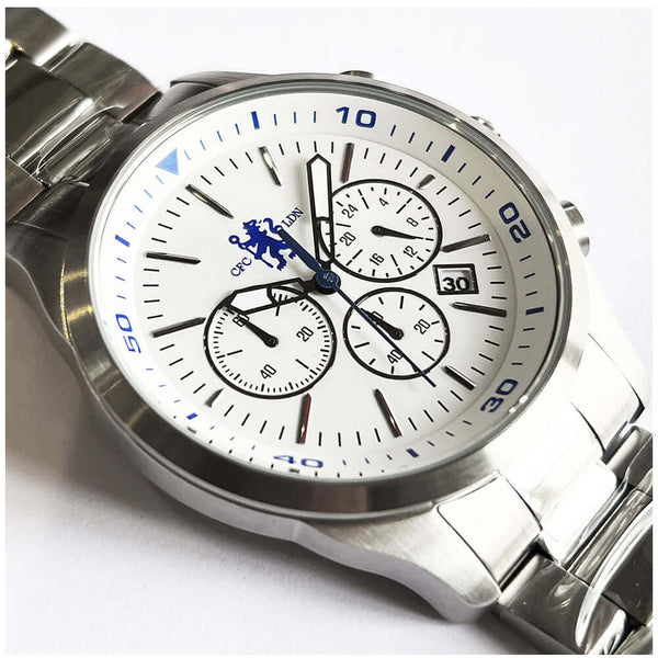 Chelsea FC High End Chronograph Bracelet Watch LKT Sport Classic mens white watch with a silver casing and a high end solid stainless steel bracelet strapFeaturing the a blue Chelsea FC crest on the watch faceChronograph function with three sub-dialsWith