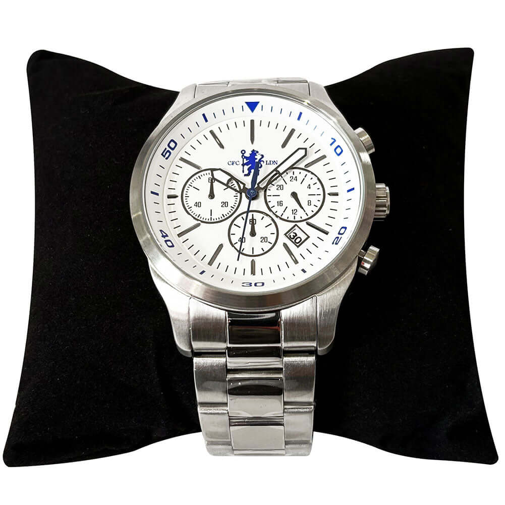 Chelsea FC High End Chronograph Bracelet Watch LKT Sport Classic mens white watch with a silver casing and a high end solid stainless steel bracelet strapFeaturing the a blue Chelsea FC crest on the watch faceChronograph function with three sub-dialsWith