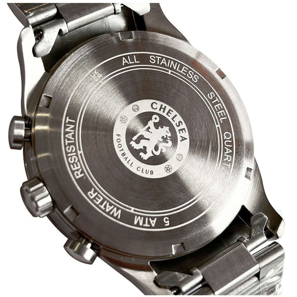 Chelsea FC High End Chronograph Bracelet Watch LKT Sport Classic mens white watch with a silver casing and a high end solid stainless steel bracelet strapFeaturing the a blue Chelsea FC crest on the watch faceChronograph function with three sub-dialsWith
