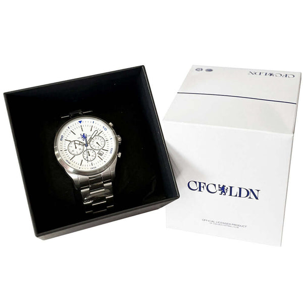 Chelsea FC High End Chronograph Bracelet Watch LKT Sport Classic mens white watch with a silver casing and a high end solid stainless steel bracelet strapFeaturing the a blue Chelsea FC crest on the watch faceChronograph function with three sub-dialsWith