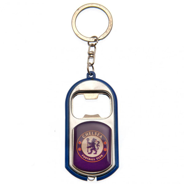 Chelsea FC Keyring Torch Bottle Opener LKT Sport Plastic club crested keyring With a bottle opener function Includes a battery powered torch Official licensed product Approx 7cm x 3cm In a gift box Keychains