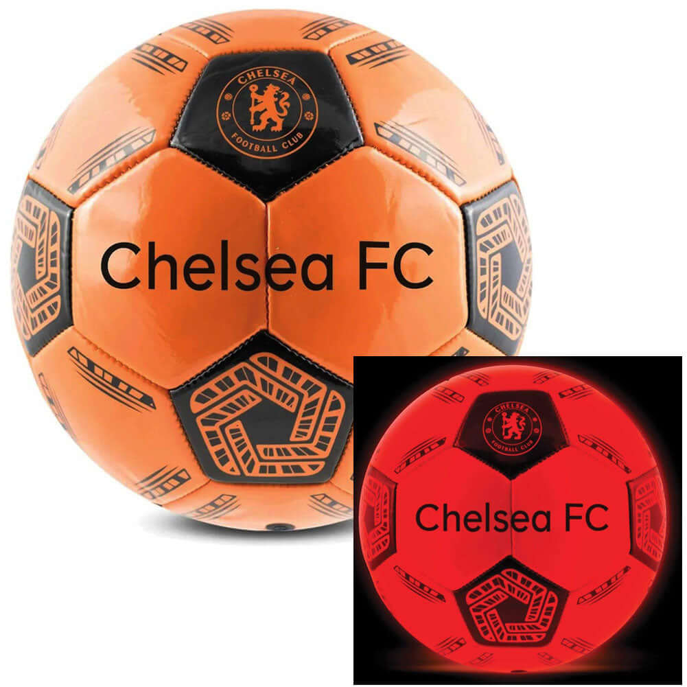 Chelsea FC LED Glow Football LKT Sport Orange LED glow 32 panel footballFeaturing a black crest and Chelsea text30 hours of continuous light up fun!Bounce activated with auto turn offBatteries included, fill 7.5-8.5 PSI for optimal bounceSuitable for 14 y