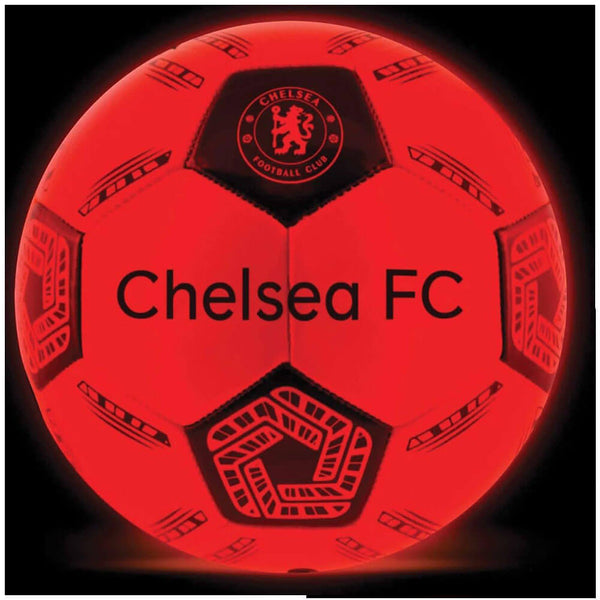 Chelsea FC LED Glow Football LKT Sport Orange LED glow 32 panel footballFeaturing a black crest and Chelsea text30 hours of continuous light up fun!Bounce activated with auto turn offBatteries included, fill 7.5-8.5 PSI for optimal bounceSuitable for 14 y