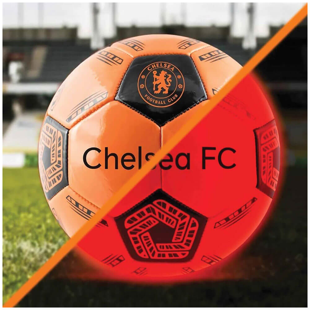 Chelsea FC LED Glow Football LKT Sport Orange LED glow 32 panel footballFeaturing a black crest and Chelsea text30 hours of continuous light up fun!Bounce activated with auto turn offBatteries included, fill 7.5-8.5 PSI for optimal bounceSuitable for 14 y