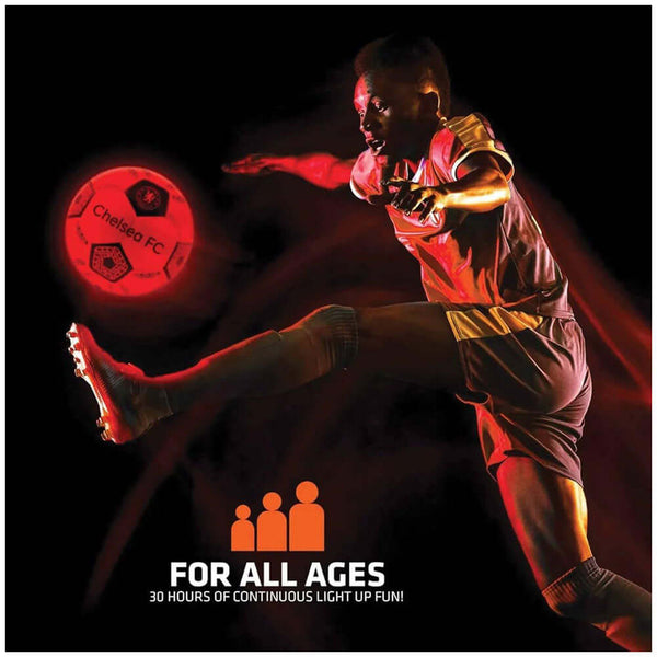 Chelsea FC LED Glow Football LKT Sport Orange LED glow 32 panel footballFeaturing a black crest and Chelsea text30 hours of continuous light up fun!Bounce activated with auto turn offBatteries included, fill 7.5-8.5 PSI for optimal bounceSuitable for 14 y