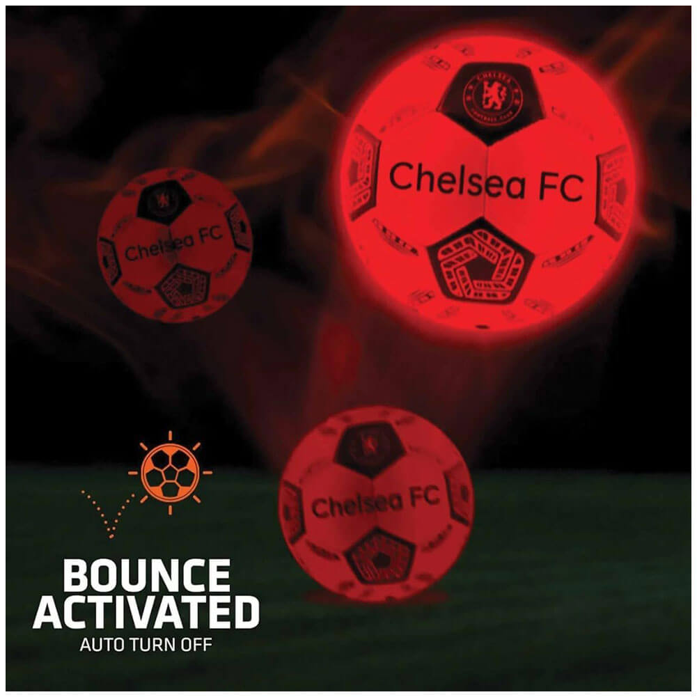 Chelsea FC LED Glow Football LKT Sport Orange LED glow 32 panel footballFeaturing a black crest and Chelsea text30 hours of continuous light up fun!Bounce activated with auto turn offBatteries included, fill 7.5-8.5 PSI for optimal bounceSuitable for 14 y