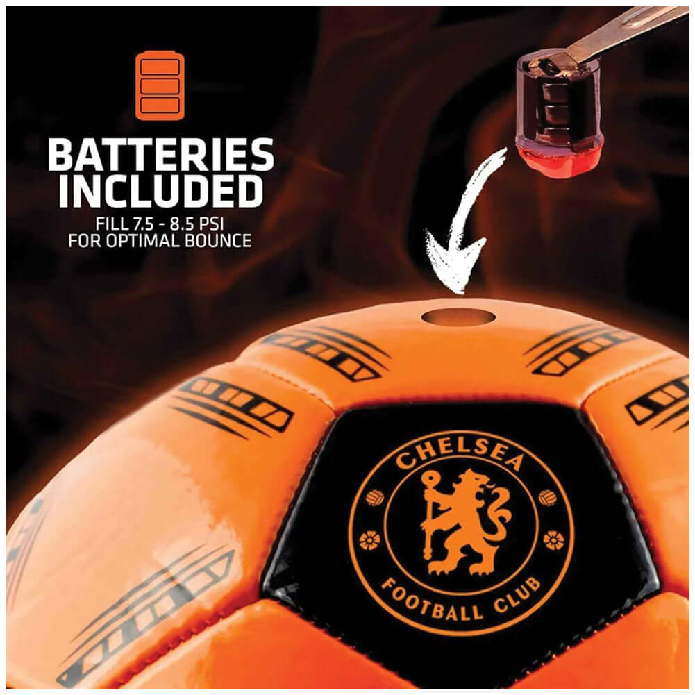 Chelsea FC LED Glow Football LKT Sport Orange LED glow 32 panel footballFeaturing a black crest and Chelsea text30 hours of continuous light up fun!Bounce activated with auto turn offBatteries included, fill 7.5-8.5 PSI for optimal bounceSuitable for 14 y