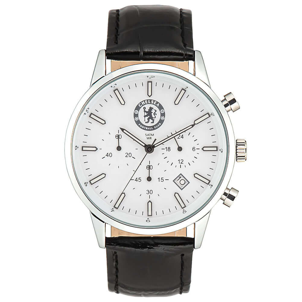 Chelsea FC Mens Chronograph Watch LKT Sport Classic mens white watch with a silver casing and a genuine leather black strapFeaturing a full colour Chelsea FC crest on the watch faceWith indexes in relief, a black luminous hour and minute hand with the dat