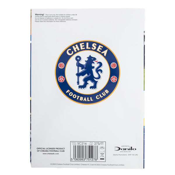 Chelsea FC Musical Birthday Card LKT Sport Vibrant blue gloss finish birthday card with a large Chelsea crestPlays the famous 'Blue Is The Colour' Chelsea anthemFeatures a full colour stadium graphic insideMessage inside reads 'To a True Blue! Have a fant