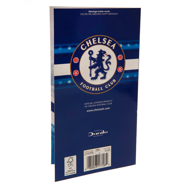 Chelsea FC No. 1 Dad Birthday Card LKT Sport Colourful gloss finish birthday cardFeaturing the reverse of a shirt image with No.1 Chelsea Fan in whiteMessage inside reads 'You're The Greatest Happy Birthday!'Official licensed productApprox 22cm x 12cm Gre