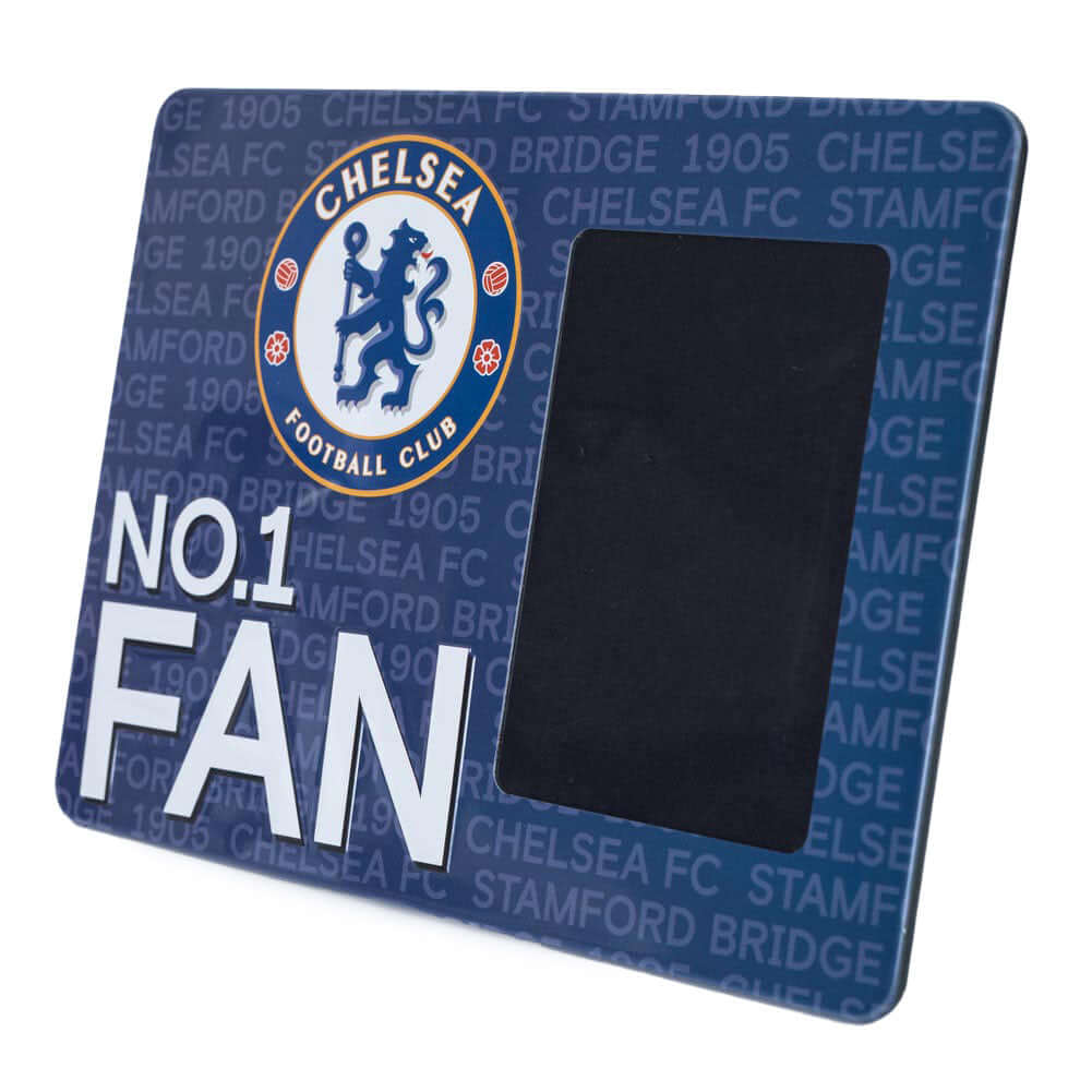 Chelsea FC No1 Fan Picture Frame Sign LKT Sport Sturdy metal photo frame sign featuring the Chelsea FC full colour crest and No.1 FAN in bold text on the bottom leftIncludes the text 'Chelsea FC Stamford Bridge 1905' as a repeat pattern in the backgroundT