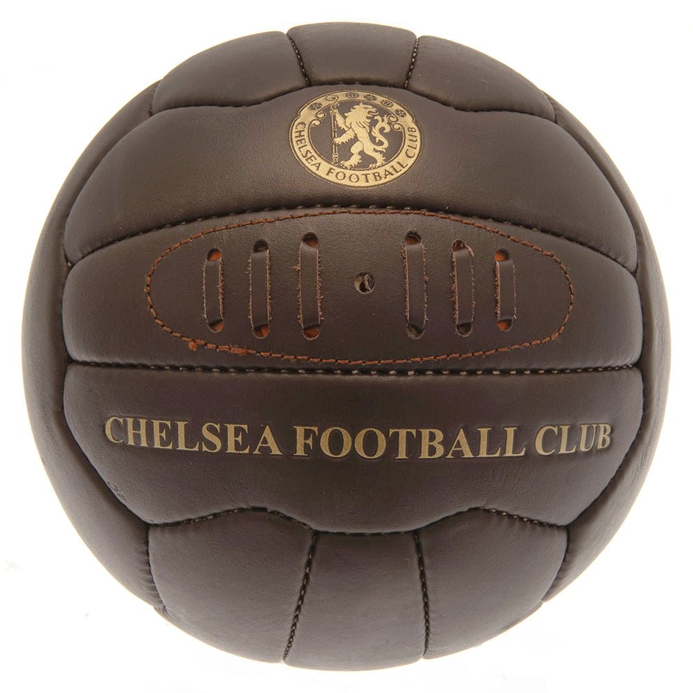 Chelsea FC Retro Heritage Football LKT Sport Genuine leather heritage footballFeaturing gold debossed print Chelsea crest and text18 panel retro style ball with stitched featureOfficial licensed productSize 5 footballApprox 69cm in circumference Soccer Ba Main image