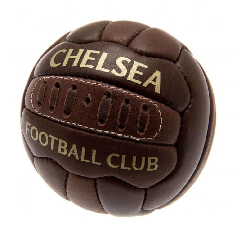 Chelsea FC Retro Heritage Mini Ball LKT Sport Genuine leather heritage footballFeaturing gold print Chelsea crest and text18 panel retro style ball with stitched featureOfficial licensed productSize 1 footballApprox 47cm in circumference Soccer Training A