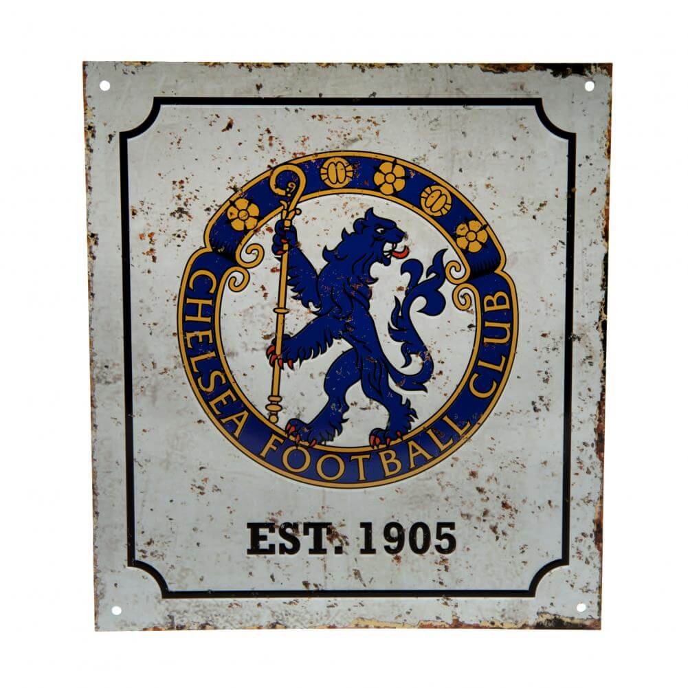 Chelsea FC Retro Logo Sign LKT Sport Vintage look design stamped metal wall signFeaturing a full colour retro Chelsea crest and club established dateReady to hang on the wall with four small holes for fixingOfficial licensed productApprox 23cm x 25cm Nove Main image