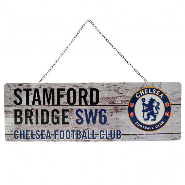 Chelsea FC Rustic Garden Sign LKT Sport Rustic look design stamped metal hanging sign Featuring a large club crest and text on a wood panel effect background Complete with a metal chain for hanging Official licensed product Approx 44cm x 14cm On a header