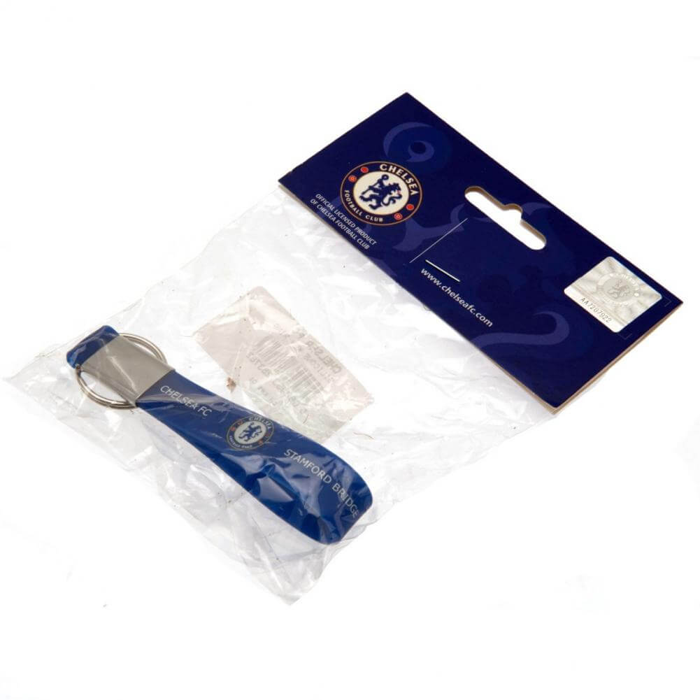 Chelsea FC Silicone Keyring LKT Sport Silicone strap keyring with silver colour metal band and split ringVibrant royal blue strap with full colour crest and chelsea stamford bridge text designOfficial licensed productApprox 10cm x 1.5cm Keychains