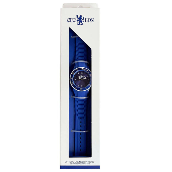 Chelsea FC Silicone Watch LKT Sport Blue watch with a silicone strap and a plastic face and buckleFeaturing a white Chelsea crest on the watch faceWith white digits and luminous hour and minute handWith mineral glass, the watch is water resistant to 50MOf