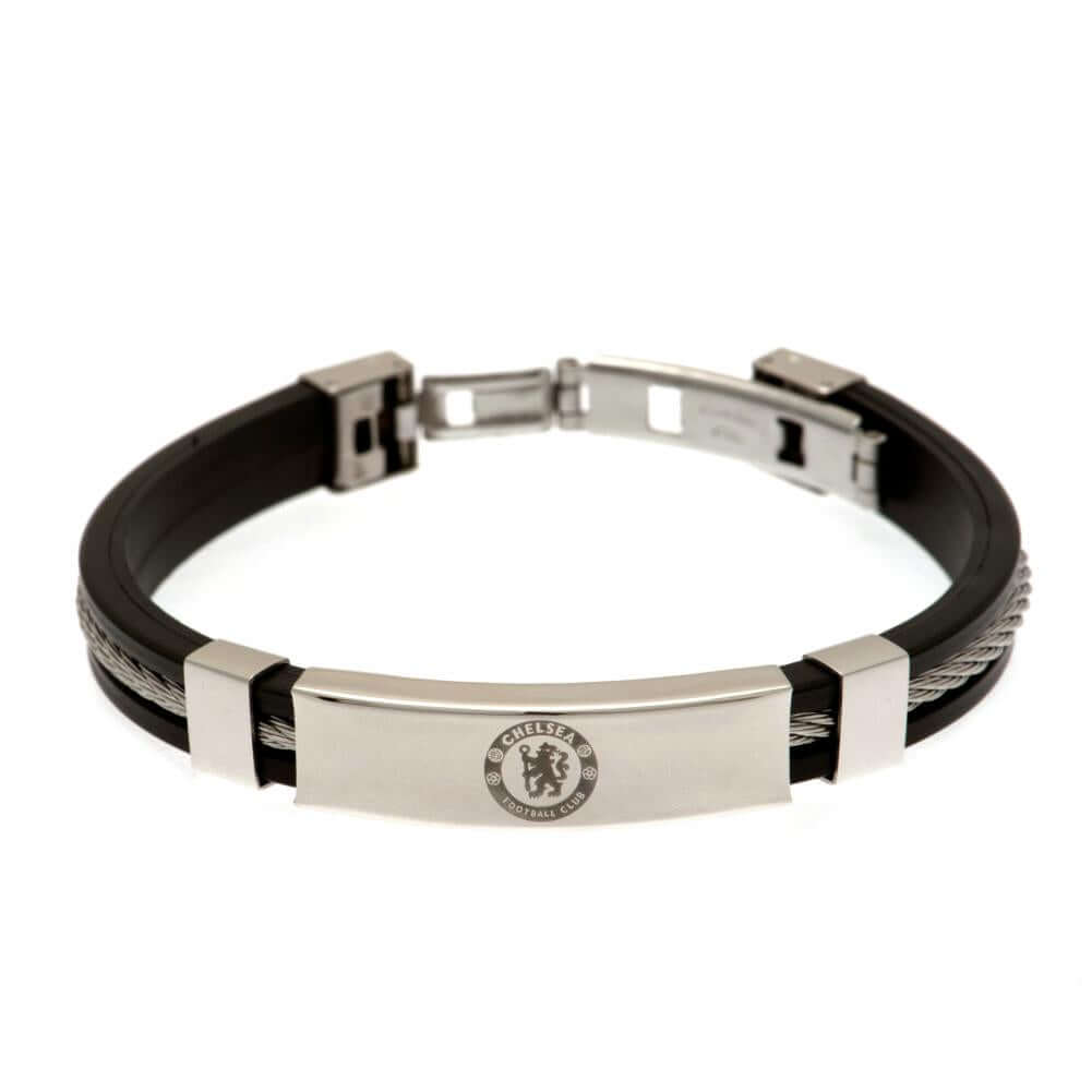 Chelsea FC Silver Inlay Silicone Bracelet LKT Sport Stylish black silicone bracelet with a silver colour rope insertWith a stainless steel crest plate featuring the club logoStainless steel deployment claspOfficial licensed productApprox 20cm x 1cm Bracel