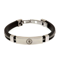 Chelsea FC Silver Inlay Silicone Bracelet LKT Sport Stylish black silicone bracelet with a silver colour rope insertWith a stainless steel crest plate featuring the club logoStainless steel deployment claspOfficial licensed productApprox 20cm x 1cm Bracel